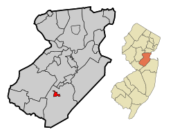 Jamesburg highlighted in Middlesex County. Inset: Location of Middlesex County in New Jersey.