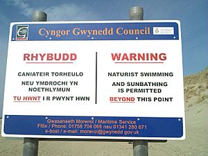 Morfa Dyffryn naturist beach sign