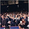 Opening Day of 1961 Baseball Season. President Kennedy throws out first ball. (first row) Vice President Johnson... - NARA - 194197