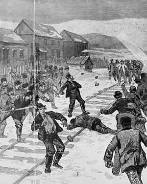 Pennsylvania - the mining troubles in the Schuylkill region - attack on the coal and iron police by a mob of Polish strikers, at Shenandoah, February 3d - from a sketch by Joseph Becker. LCCN98511383 (cropped)