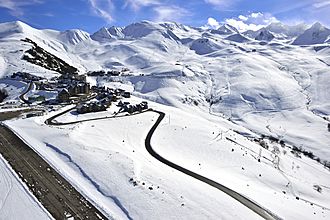 A view of Peyresourde, Hautes-Pyrénées with a ski slope at the resort of Peyragudes.