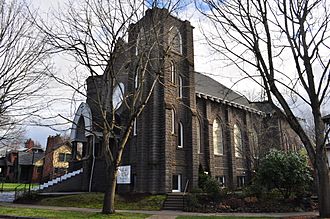 concrete block Gothic church