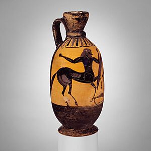 Terracotta lekythos (oil flask) with centaur battling a warrior MET DP161810.jpg