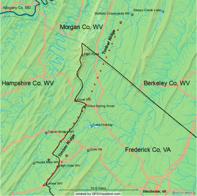 Timber Ridge (map of), on the border of VA and WV (USA)