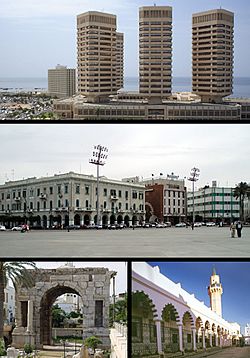 Top:: That El Emad Towers; Middle: Martyrs' Square; Bottom left: Marcus Aurelius Arch; Bottom right: Souq al-Mushir – Tripoli Medina
