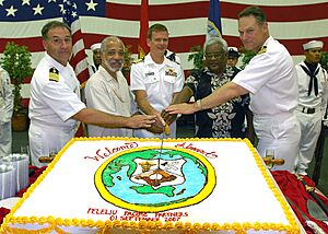 US Navy 070901-N-9421C-068 Pacific Partnership - Capt. Scott Flinn, Ambassador Clyde Bishop, Minister Witten T. Philippo, Capt. Bruce Stewart and Capt. Ed Rhoades on USS Peleliu