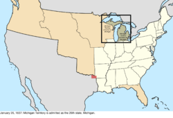 Map of the change to the United States in central North America on January 26, 1837