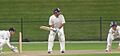 Virender Sehwag, the captain of MCC gets ready to face a delivery during the 2014 English county season launch against Durham at the Sheikh Zayed Cricket Stadium, Abu Dhabi, UAE