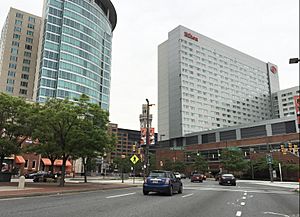 2016-05-11 07 51 14 View north along Eislen Street (Maryland State Route 295) near West Camden Street in downtown Baltimore City, Maryland