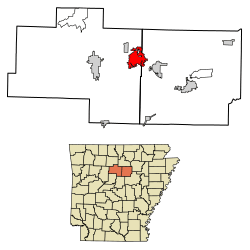 Location of Fairfield Bay in Cleburne County and Van Buren County, Arkansas.