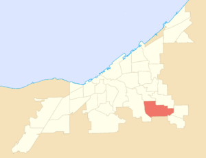Map of Cleveland, Ohio, showing neighbrhood boundaries, with Union–Miles Park in red