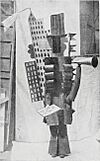 Costume design by Pablo Picasso representing skyscrapers and boulevards, for Serge Diaghilev's Ballets Russes performance of Parade at Théâtre du Châtelet, Paris 18 May 1917.jpg