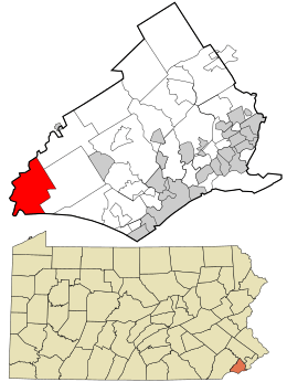 Location of Delaware County in the state of Pennsylvania.