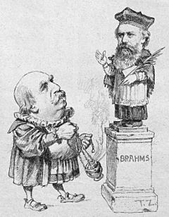 Eduard Hanslick offering incense to Brahms; cartoon rom the Viennese journal 'Figaro', 1890