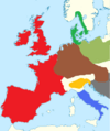 Blue : Apennine culture, Yellow : Terramare culture, Brown : Tumulus culture, Red : Atlantic Bronze Age, Green : Nordic Bronze Age, Apple green : Cultures of Unetice tradition, Gray : Balkan cultures.