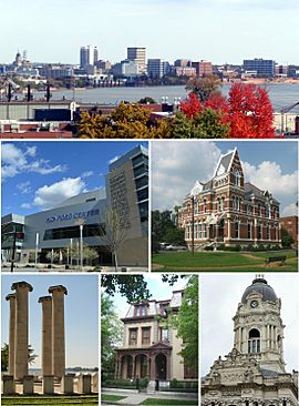 Top to bottom, left to right: Evansville skyline from Dreier Boulevard, Ford Center, Willard Library, Four Freedoms Monument, Reitz Home, Old Vanderburgh County Courthouse