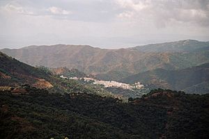 View of Istán from the Sierra de las Nieves with the coast and Gibraltar in the background