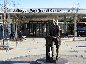 Monument of Thomas Jefferson in front of the Jefferson Park Transit Center