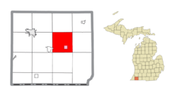 Location within Cass County (red) and the administered villages of Vandalia and a portion of Cassopolis (pink)