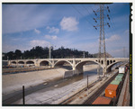 SOUTHSIDE OF BROADWAY BRIDGE CROSSING LOS ANGELES RIVER. LOOKING NORTHWEST. ELYSIAN PARK SEEN AT CENTER REAR. - North Broadway Bridge, Los Angeles, Los Angeles County, CA HAER CA-274-15 (CT).tif
