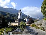 A church and surrounding buildings