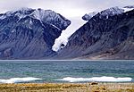 Gull Glacier ("Hand of God") at Tanquary Fiord opposite to Parks Canada campsite, Quttinirpaaq National Park, Nunavut, Canada.