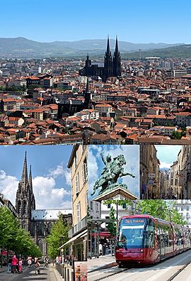 Photomontage: view of the historic center from Montjuzet Park (top)Victoire Square and Notre-Dame-de-l'Assomption Cathedral; Statue of Vercingétorix; and Chaussetiers Street (middle)Basilica of Notre-Dame du Port (bottom)