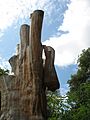 Wood Sculpture showing Mandell Creighton climbing up the Bishops' Tree Fulham Palace Gardens