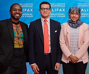 2017 Halifax International Security Forum (38468648216) (cropped)Boniface Mwangi, Imad Mesdoua, Fauziya Ali