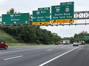 2020-07-08 13 35 20 View north along Interstate 287 at Exit 41A (Interstate 80 EAST TO U.S. Route 46, Smith Road, New York City) in Parsippany-Troy Hills Township, Morris County, New Jersey