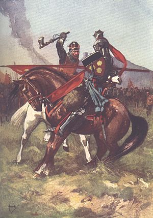Bruce defeats de Bohun on the eve of Bannockburn, from a children's history book