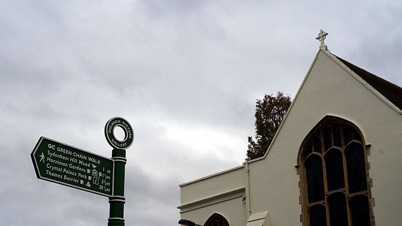 Christ's Chapel of God's Gift and street sign, Dulwich, January 2012
