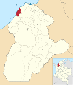 Location of the municipality and town of Moñitos in the Córdoba Department of Colombia.