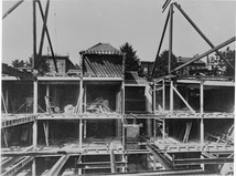 Black and white photograph of the interior of the Car Barn during re-construction