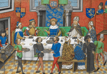 John of Gaunt, Duke of Lancaster dining with the King of Portugal - Chronique d' Angleterre (Volume III) (late 15th C), f.244v - BL Royal MS 14 E IV