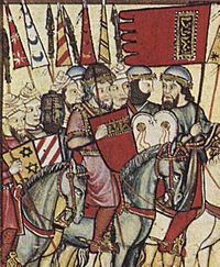 Muhammad I (red tunic and shield) leading his troops during the Mudéjar revolt of 1264–1266. Contemporary depiction from Cantigas de Santa Maria