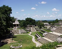 Palenque - Las Cruces - Templo del Cruz (g.), Templo del Cruz (d.), Palacio (fond)