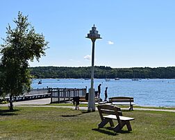 Park with a purple martin birdhouse in Ephraim Wisconsin
