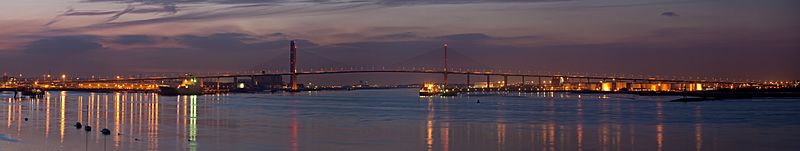 The Queen Elizabeth II Bridge as viewed from Greenhithe, 1+1⁄2 mi (2.4 km) east of the bridge in Kent