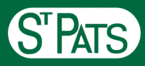 One of the Toronto St. Patricks logo, a white capsule with its long side laid horizontally superimposed on a green background. The words St. Pats spelt out within the capsule.