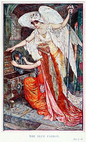 The Blue Parrot. by H. J. Ford for Andrew Lang's The Olive Fairy Book