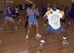 US Navy 060407-N-5686B-002 Billy Blanks, creator of Tae Bo, instructs a class at Commander, Fleet Activities Yokosuka Japan's Fleet Recreation Center for active duty personnel stationed in the area