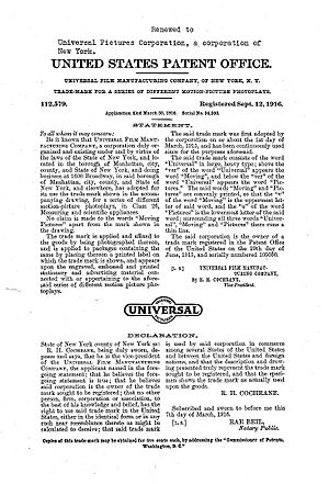 Universal Moving Pictures Trademark Registration Certificate Sep 12 1916