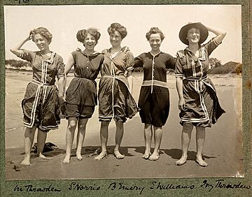 Women in bathing suits on Collaroy Beach, 1908, photographed by Colin Caird