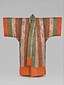 白綸子地牡丹縞模様夜着-Kimono-shaped Comforter (Yogi) with Peonies and Stripes MET DP317744