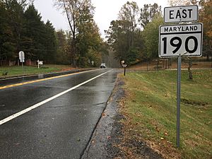 2016-10-21 14 11 06 View east along Maryland State Route 190 (River Road) at Maryland State Route 112 (Seneca Road) in Darnestown, Montgomery County, Maryland