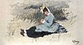  An elegant young lady wearing a fancy bonnet is sitting in the dunes dressed in her Sunday best, a black dress with a pale blue smock.