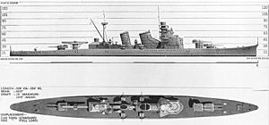 Black and white drawing of a World War II-era warship