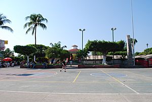 Basketball court and kiosk in city center