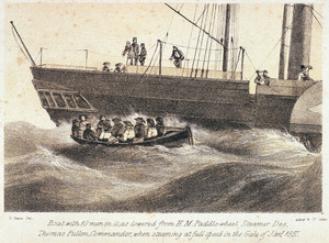 Boat with 10 men in it, as lowered from H. M. Paddle-wheel Steamer Dee, Thomas Pullen, Commander, when steaming at full speed in the Gale of Jany. 1857. RMG PU6152.tiff